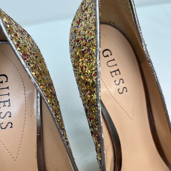 Guess Glitter Multicolor Gold Peep Toe Platform Heels Holiday Women's Size 9M - Picture 12 of 16